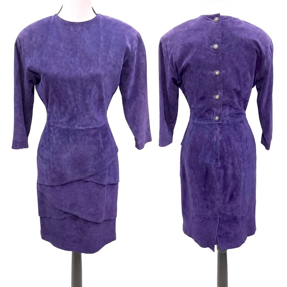 Vtg 90s Valerie Stevens Purple Suede Dress Tiered Skirt Button Back Midi 4 XS